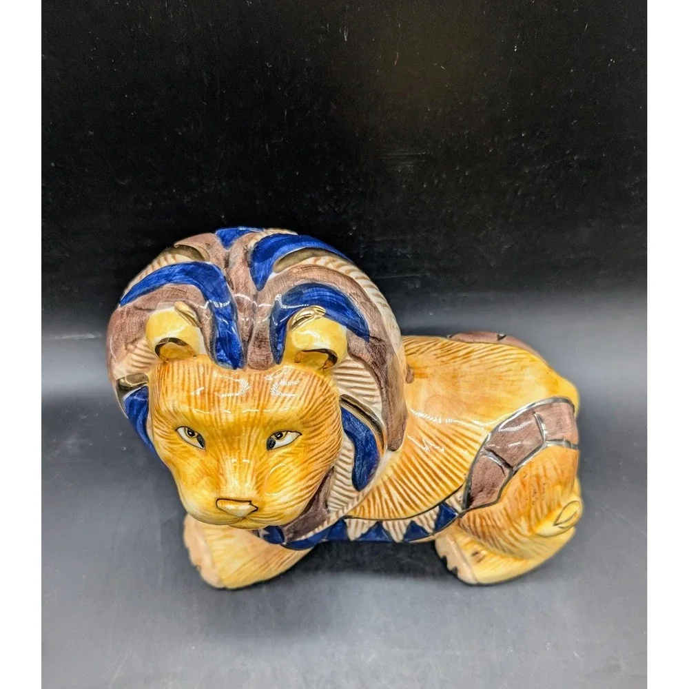 Egyptian Lion Ceramic Coin Bank Pharaoh Headdress Blue Gold Glazed Piggy Bank 8